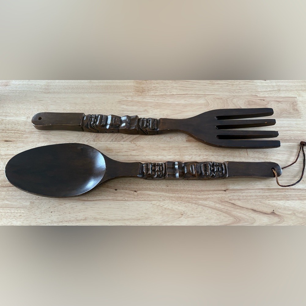 Vintage Carved Wooden Tiki Fork & Spoon Wall Decor